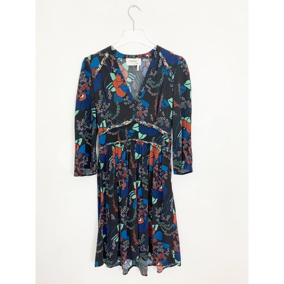 Ba&sh Agathe Dress Black Floral V Neck Three Quarter Sleeve Size 4 - Picture 3 of 15